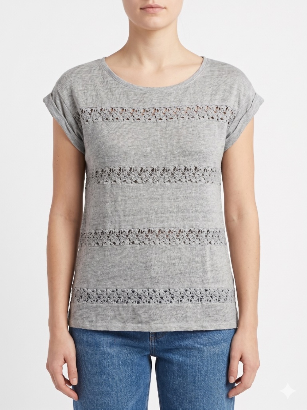 Akemi + Kin Anthropologie Gray 100% Linen Crochet Striped Top Women's Size S